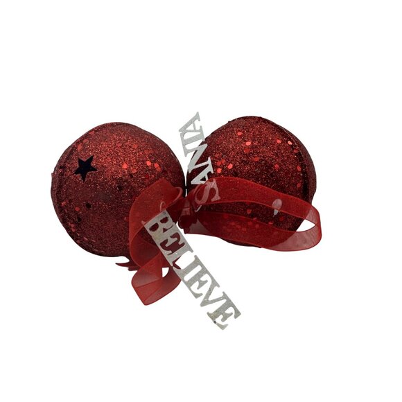Red Glitter Jingle Bell Christmas Ornaments With Santa & Believe Charms - Picture 1 of 3